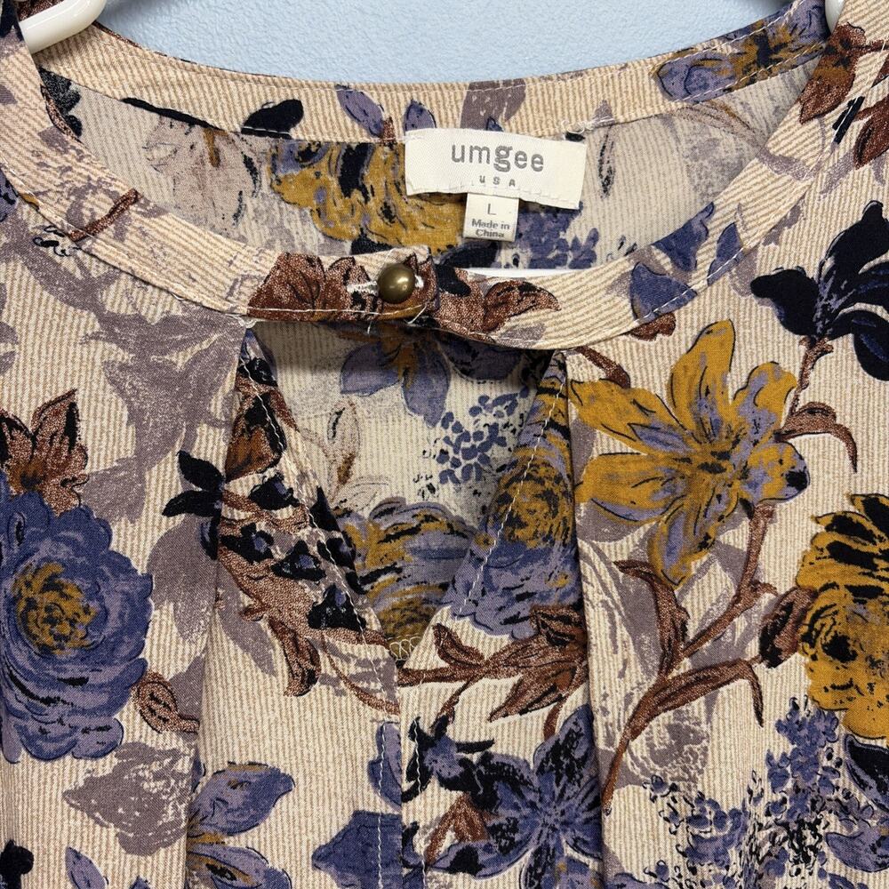 Umgee Women’s Large Boho 3/4 Balloon Sleeve Keyhole Neck Floral Top - Autumn - Picture 3 of 5